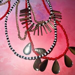 Plunder Red, Black & White Beaded Teardrop Necklace with Gold Accents